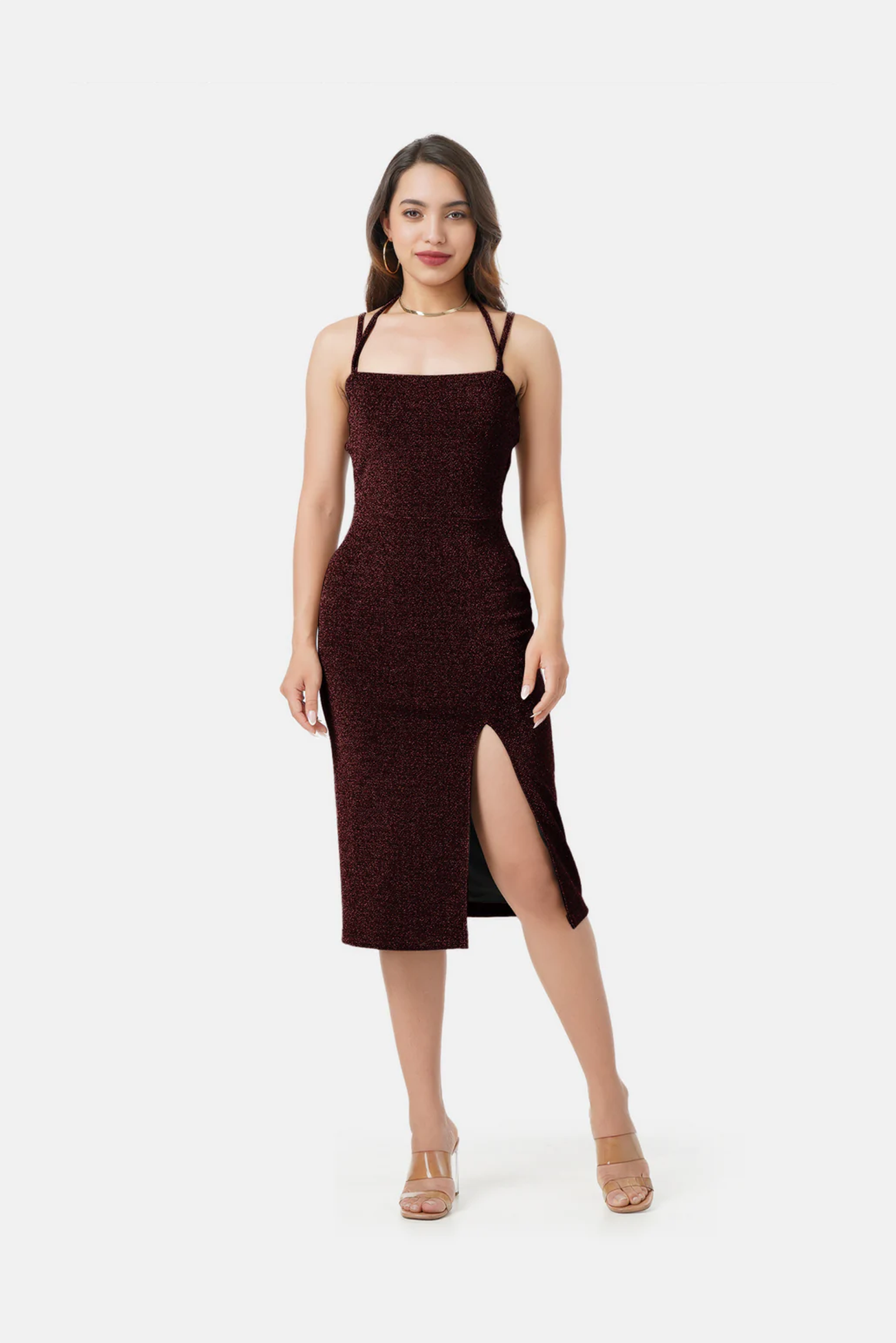 ATHENA – SHIMMER THIGH HIGH SLIT DRESS WINE