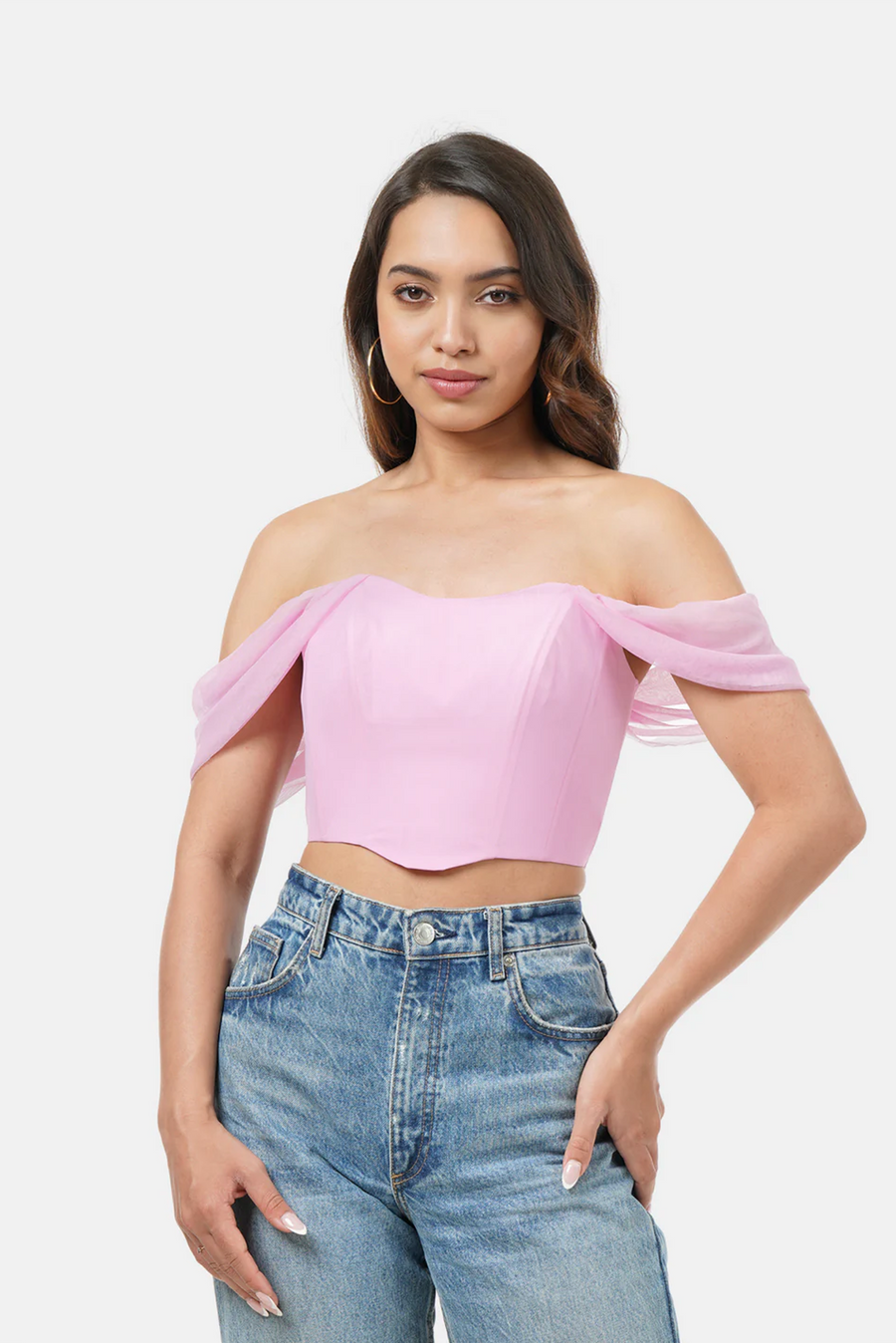 IRIS CORSET TOP FOR WOMEN IN MESH SLEEVE IN BLACK, PINK AND LAVENDER